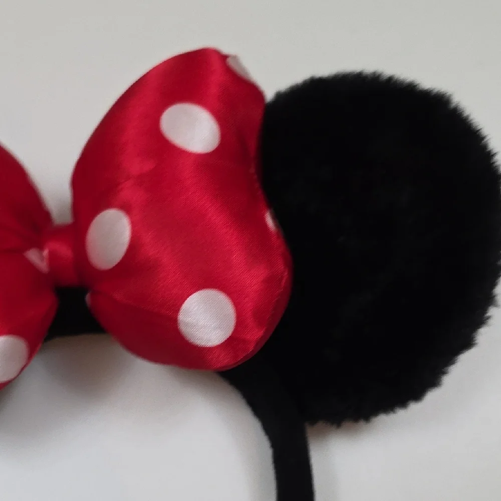 Disney Parks Minnie Mouse Ears - Fuzzy Black With Puffy Red Satin Bow Headband